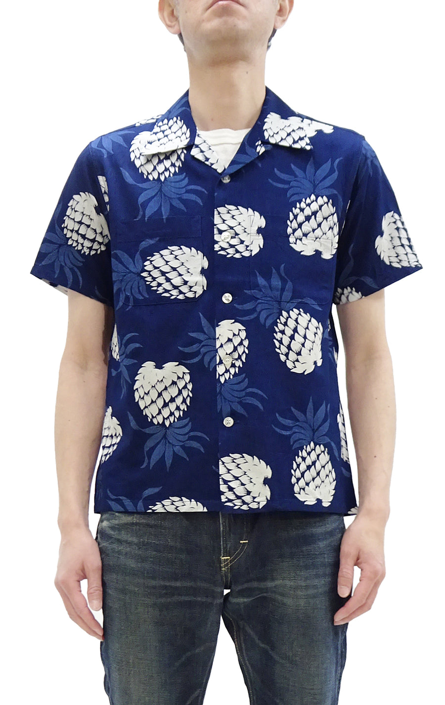 Duke Kahanamoku Cotton Hawaiian Shirt Men's 1950s Duke's Pineapple Print Reproduction Short-Sleeve Indigo Aloha Shirt DK39045 128 Navy-Blue