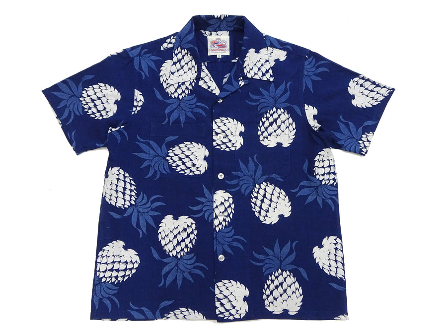 Duke Kahanamoku Cotton Hawaiian Shirt Men's 1950s Duke's Pineapple Print Reproduction Short-Sleeve Indigo Aloha Shirt DK39045 128 Navy-Blue