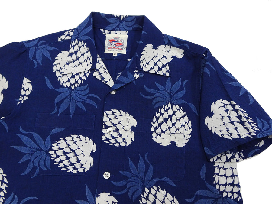 Duke Kahanamoku Cotton Hawaiian Shirt Men's 1950s Duke's Pineapple Print Reproduction Short-Sleeve Indigo Aloha Shirt DK39045 128 Navy-Blue