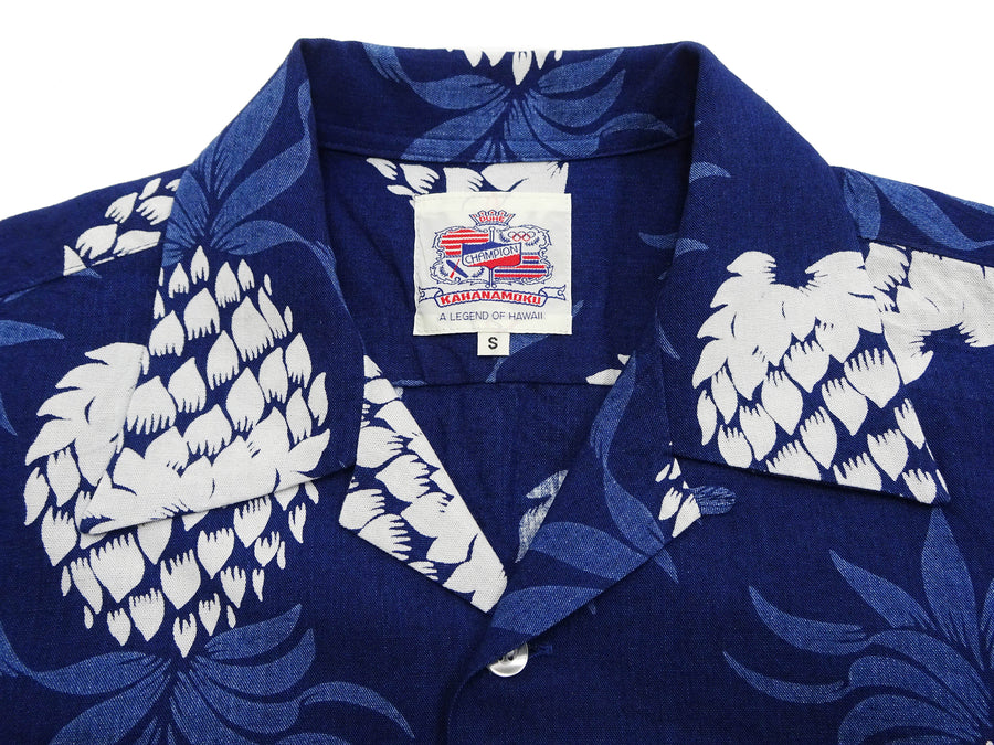 Duke Kahanamoku Cotton Hawaiian Shirt Men's 1950s Duke's Pineapple Print Reproduction Short-Sleeve Indigo Aloha Shirt DK39045 128 Navy-Blue
