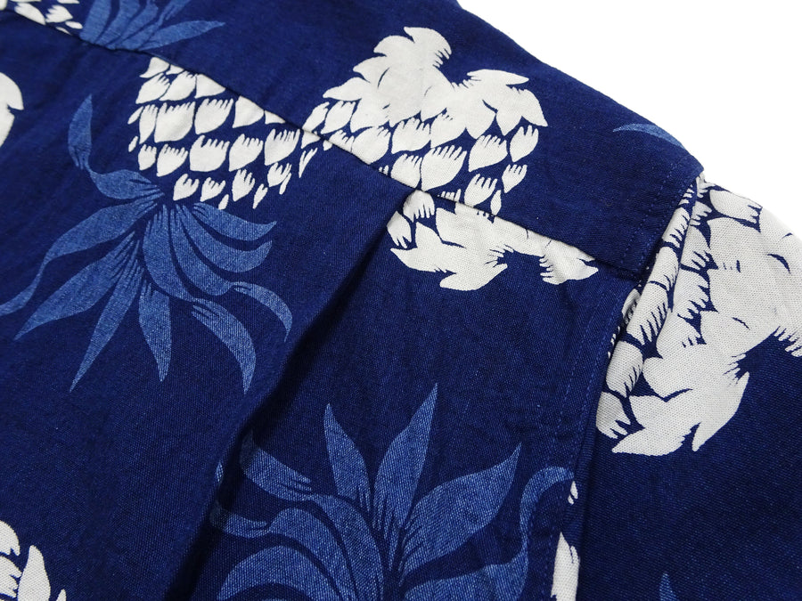 Duke Kahanamoku Cotton Hawaiian Shirt Men's 1950s Duke's Pineapple Print Reproduction Short-Sleeve Indigo Aloha Shirt DK39045 128 Navy-Blue