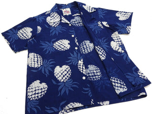 Duke Kahanamoku Cotton Hawaiian Shirt Men's 1950s Duke's Pineapple Print Reproduction Short-Sleeve Indigo Aloha Shirt DK39045 128 Navy-Blue