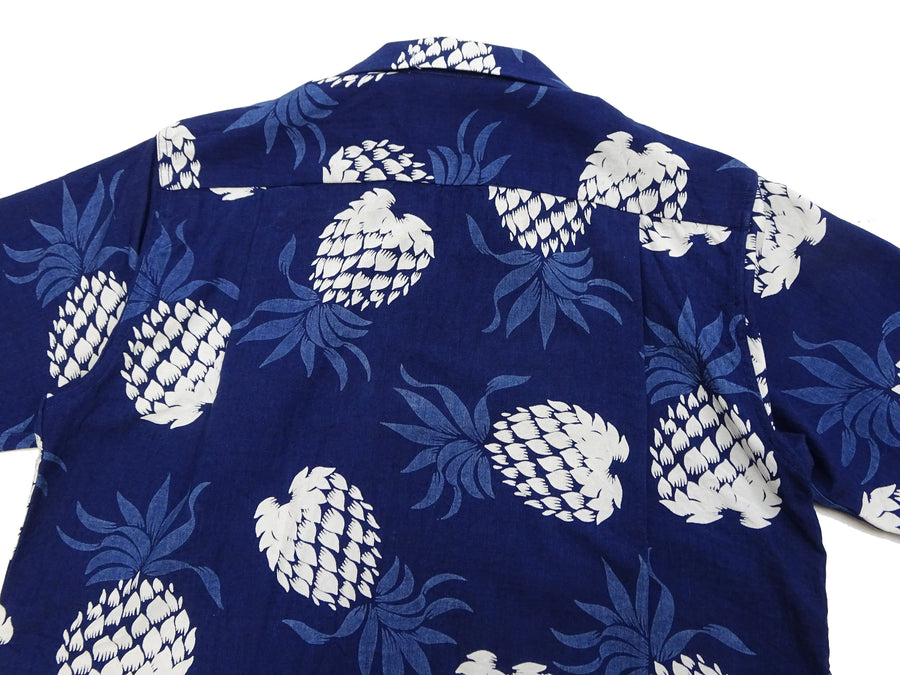 Duke Kahanamoku Cotton Hawaiian Shirt Men's 1950s Duke's Pineapple Print Reproduction Short-Sleeve Indigo Aloha Shirt DK39045 128 Navy-Blue