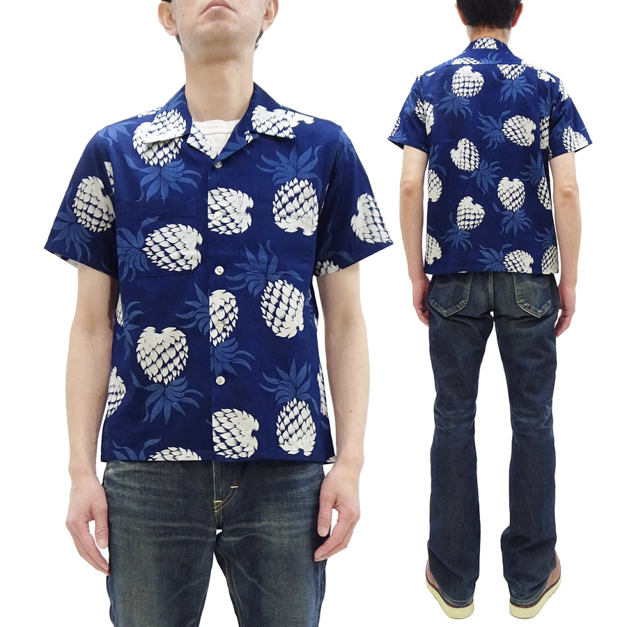 Duke Kahanamoku Cotton Hawaiian Shirt Men's 1950s Duke's Pineapple Print Reproduction Short-Sleeve Indigo Aloha Shirt DK39045 128 Navy-Blue