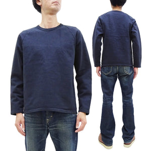 Japan Blue Jeans Long Sleeve French Terry T-Shirt Men's Casual Plain Crew-Neck Raglan-Sleeve Inlay Shirt JBKN1001 Navy-Blue