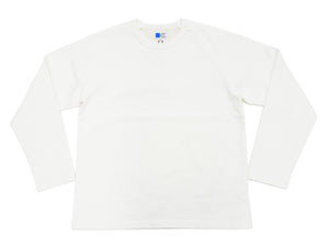 Japan Blue Jeans Long Sleeve French Terry T-Shirt Men's Casual Plain Crew-Neck Raglan-Sleeve Inlay Shirt JBKN1001 White