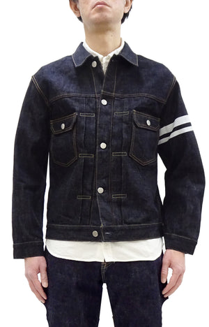 Momotaro Jeans Denim Jacket #002 with Double-Stripe Paint Men's 1953 Type 2 Style 15.7oz. Zimbabwean Cotton Deep Indigo Denim Jean Jacket MMGJ0102 One-Wash