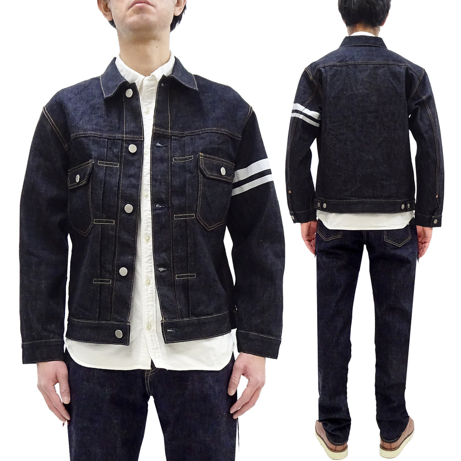 Momotaro Jeans Denim Jacket #002 with Double-Stripe Paint Men's 1953 Type 2 Style 15.7oz. Zimbabwean Cotton Deep Indigo Denim Jean Jacket MMGJ0102 One-Wash