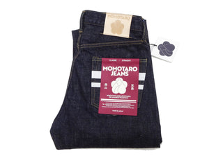 Momotaro Jeans #100 with Double-Stripe Paint Men's Loose Fit Classic Straight Button-Fly Jean Pants 14.7oz. Zimbabwean Cotton Deep Indigo Denim MMJB0101 One-Wash