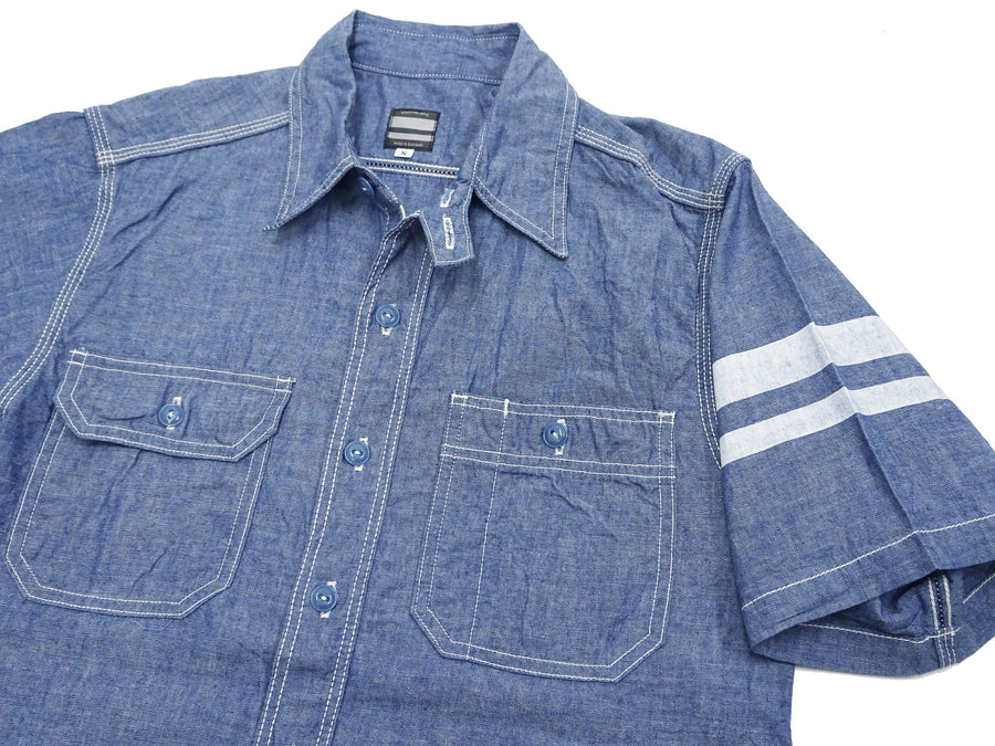 Momotaro Jeans Chambray Shirt Men's Short Sleeve Button Up Work Shirt with GTB Stripe MS045S Blue