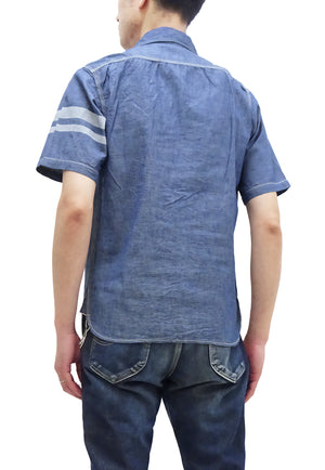 Momotaro Jeans Chambray Shirt Men's Short Sleeve Button Up Work Shirt with GTB Stripe MS045S Blue
