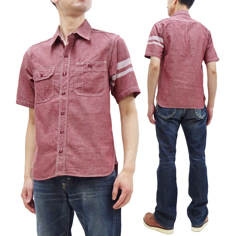 Momotaro Jeans Chambray Shirt Men's Short Sleeve Button Up Work Shirt with GTB Stripe MS045S Red