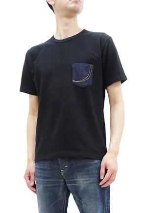 Momotaro Jeans Pocket T-shirt Men's Short Sleeve Tee Shirt with Decorative Stitched Denim Pocket MTS0020M31 Black