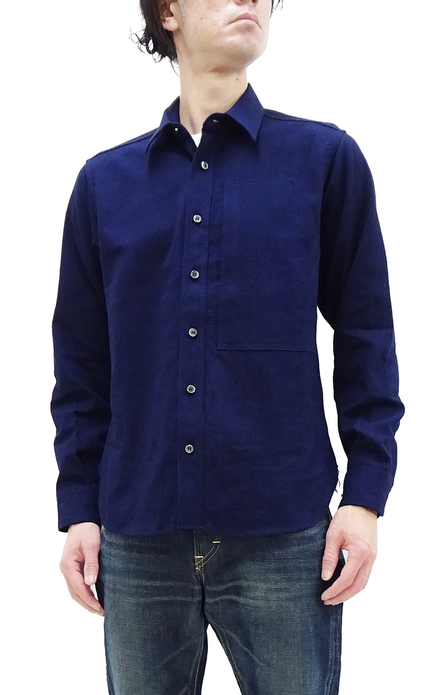 Momotaro Jeans Shirt Men's Plain Lightweight Cotton Dobby Long Sleeve Button Up Work Shirt MXLS1008 Indigo