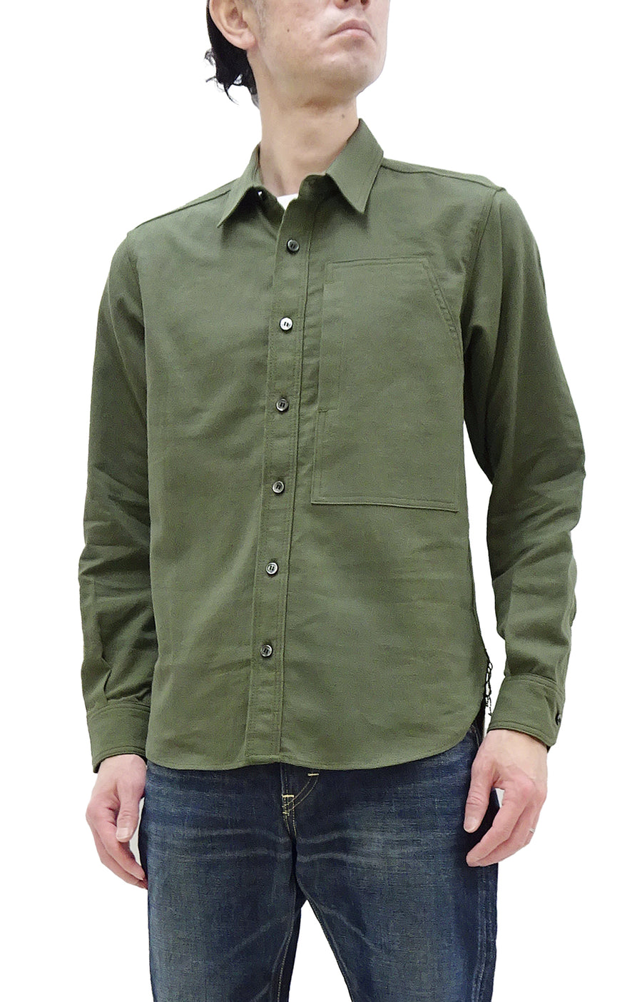 Momotaro Jeans Shirt Men's Plain Lightweight Cotton Dobby Long Sleeve Button Up Work Shirt MXLS1008 Olive