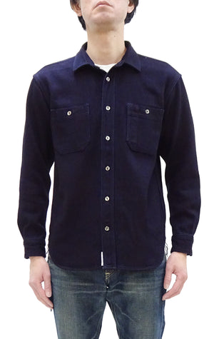 Momotaro Jeans Indigo Dobby Shirt Men's Long Sleeve Japanese Sashiko Style Plain Button Up Work Shirt MXLS1036