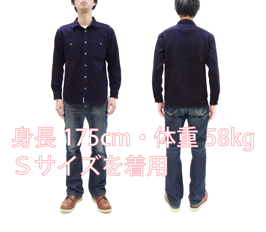 Momotaro Jeans Indigo Dobby Shirt Men's Long Sleeve Japanese Sashiko Style Plain Button Up Work Shirt MXLS1036