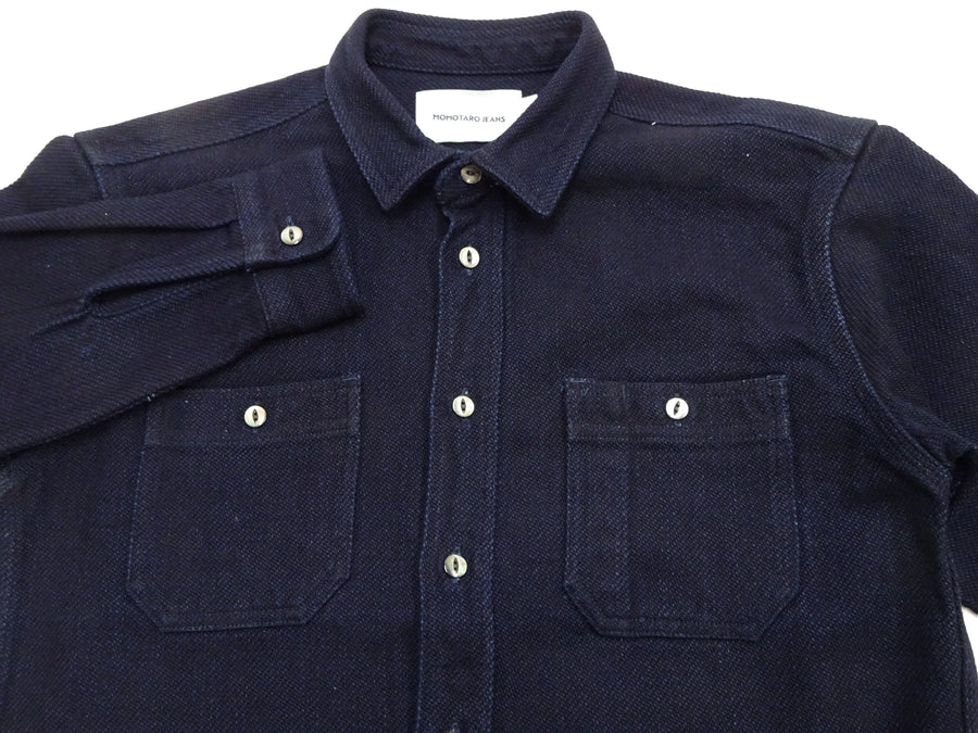 Momotaro Jeans Indigo Dobby Shirt Men's Long Sleeve Japanese Sashiko Style Plain Button Up Work Shirt MXLS1036