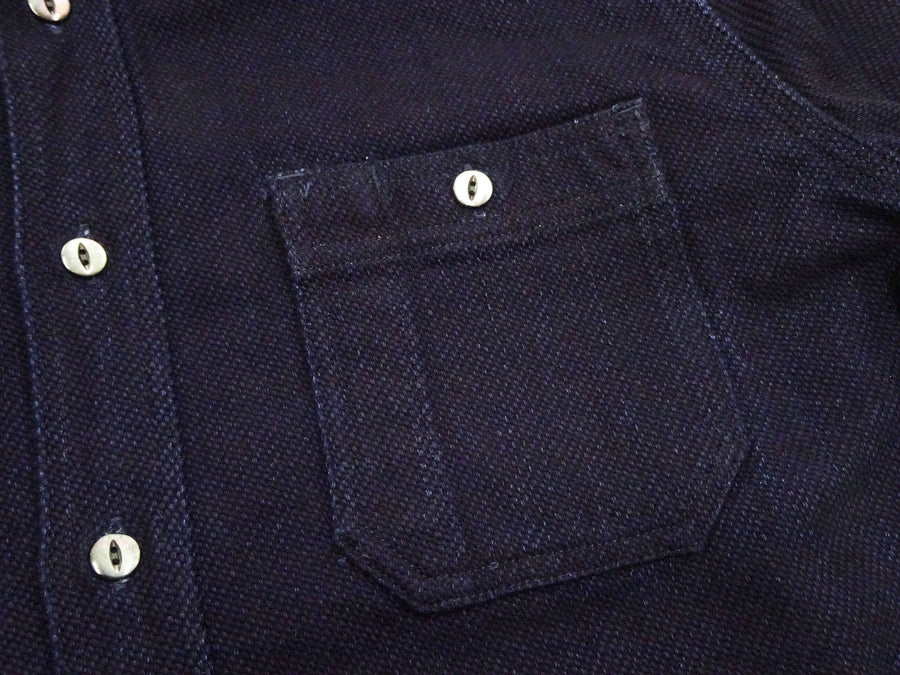 Momotaro Jeans Indigo Dobby Shirt Men's Long Sleeve Japanese Sashiko Style Plain Button Up Work Shirt MXLS1036