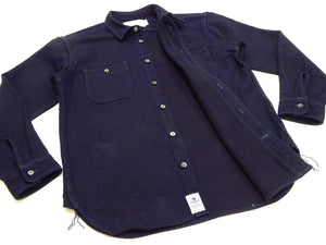 Momotaro Jeans Indigo Dobby Shirt Men's Long Sleeve Japanese Sashiko Style Plain Button Up Work Shirt MXLS1036