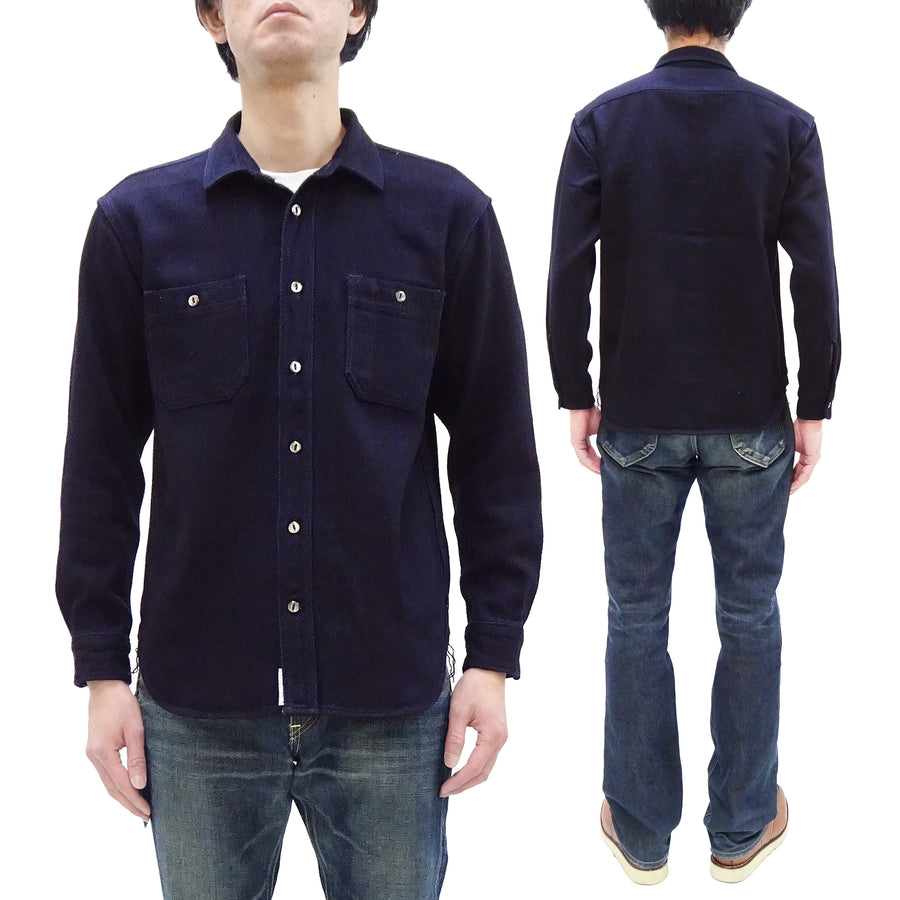 Momotaro Jeans Indigo Dobby Shirt Men's Long Sleeve Japanese Sashiko Style Plain Button Up Work Shirt MXLS1036