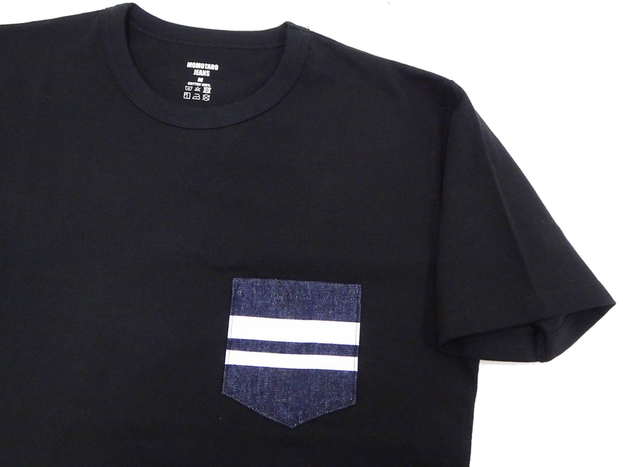 Momotaro Jeans Pocket T-shirt Men's Short Sleeve Tee Shirt with GTB Striped Denim Pocket MZTS0003 Black