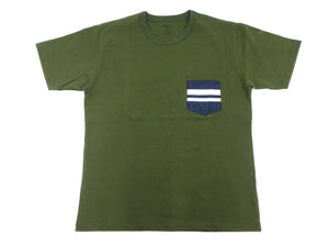 Momotaro Jeans Pocket T-shirt Men's Short Sleeve Tee Shirt with GTB Striped Denim Pocket MZTS0003 OD Oleve-Green