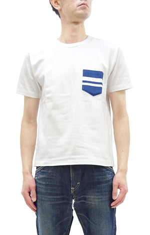 Momotaro Jeans Pocket T-shirt Men's Short Sleeve Tee Shirt with GTB Striped Denim Pocket MZTS0003 White