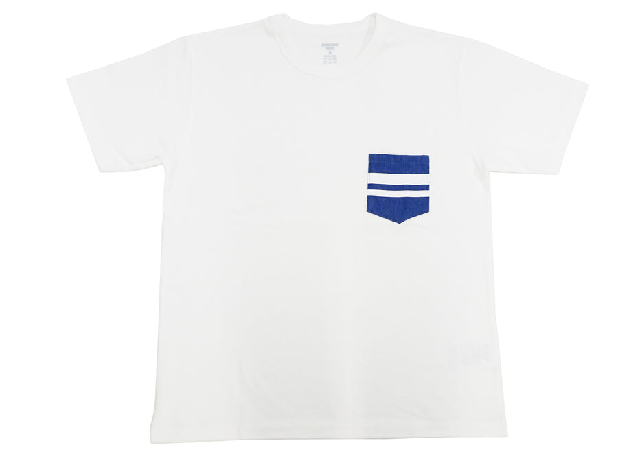 Momotaro Jeans Pocket T-shirt Men's Short Sleeve Tee Shirt with GTB Striped Denim Pocket MZTS0003 White