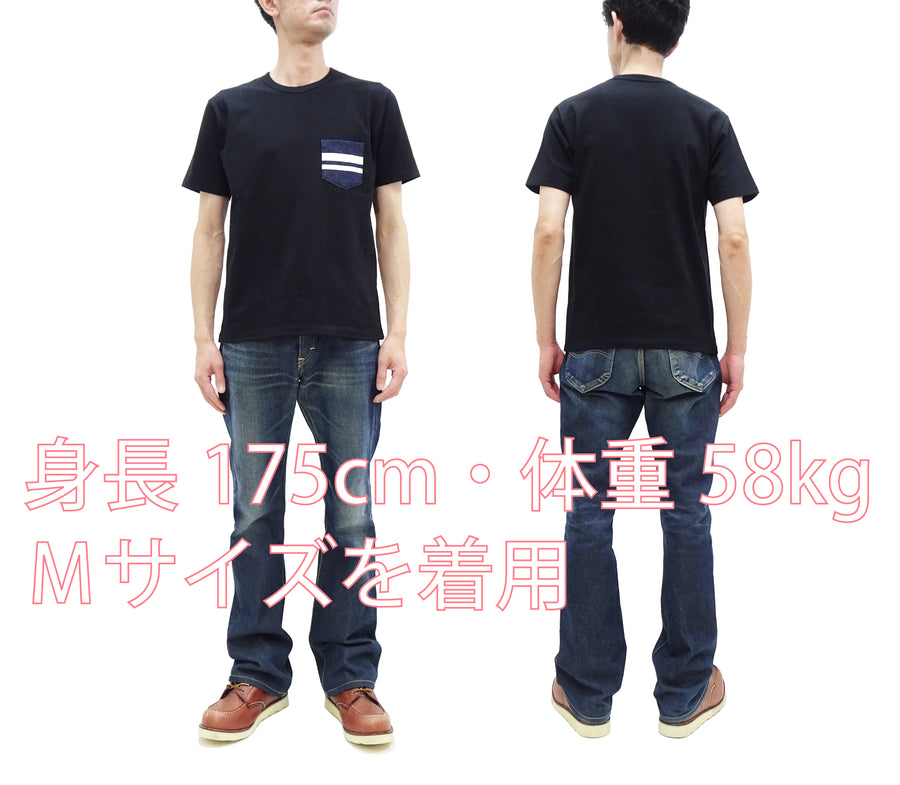 Momotaro Jeans Pocket T-shirt Men's Casual Short Sleeve Tee Shirt with GTB Striped Denim Pocket MZTS0003 Black