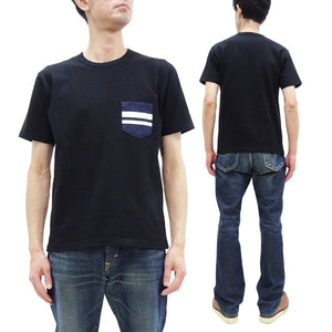 Momotaro Jeans Pocket T-shirt Men's Casual Short Sleeve Tee Shirt with GTB Striped Denim Pocket MZTS0003 Black