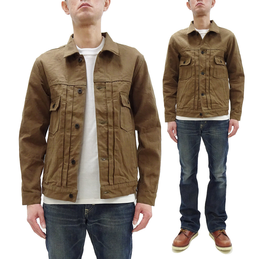 Oni Denim Jacket ONI-02516P-HOX Men's Casual Modern-Fit 13 5oz. Sulfur-Dyed Oxford Fabric Jacket in Brown-Khaki Color, Inspired by Type II G-Jacket One-Wash