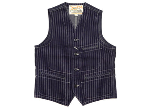 Sugar Cane Men's Vintage-Inspired Wabash Stripe Work Vest (Waistcoat), 9 oz. 100% Cotton Wabash Stripe Front and 11 oz. Denim Back, Unlined and Unpadded, Made in Japan (SC12654, 421A One-Wash)