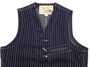 Sugar Cane Men's Vintage-Inspired Wabash Stripe Work Vest (Waistcoat), 9 oz. 100% Cotton Wabash Stripe Front and 11 oz. Denim Back, Unlined and Unpadded, Made in Japan (SC12654, 421A One-Wash)