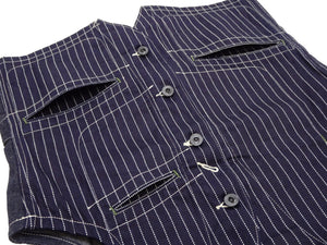 Sugar Cane Men's Vintage-Inspired Wabash Stripe Work Vest (Waistcoat), 9 oz. 100% Cotton Wabash Stripe Front and 11 oz. Denim Back, Unlined and Unpadded, Made in Japan (SC12654, 421A One-Wash)