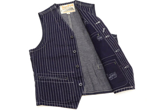 Sugar Cane Men's Vintage-Inspired Wabash Stripe Work Vest (Waistcoat), 9 oz. 100% Cotton Wabash Stripe Front and 11 oz. Denim Back, Unlined and Unpadded, Made in Japan (SC12654, 421A One-Wash)