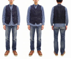 Sugar Cane Men's Vintage-Inspired Wabash Stripe Work Vest (Waistcoat), 9 oz. 100% Cotton Wabash Stripe Front and 11 oz. Denim Back, Unlined and Unpadded, Made in Japan (SC12654, 421A One-Wash)