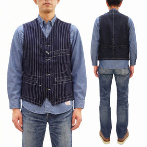 Sugar Cane Men's Vintage-Inspired Wabash Stripe Work Vest (Waistcoat), 9 oz. 100% Cotton Wabash Stripe Front and 11 oz. Denim Back, Unlined and Unpadded, Made in Japan (SC12654, 421A One-Wash)