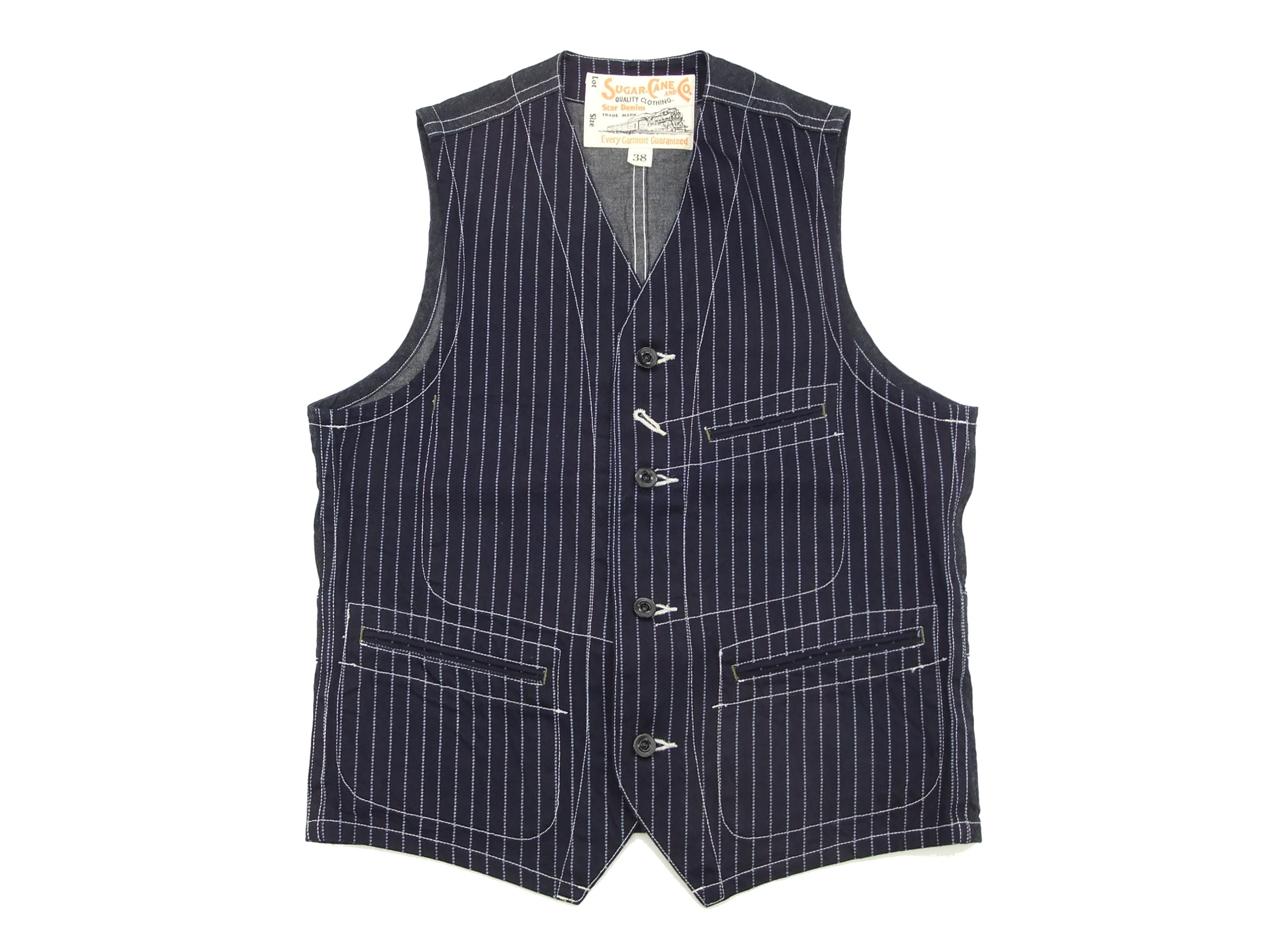 Sugar Cane Vest Men's Casual Indigo Wabash Stripe Work Vest Waistcoat ...