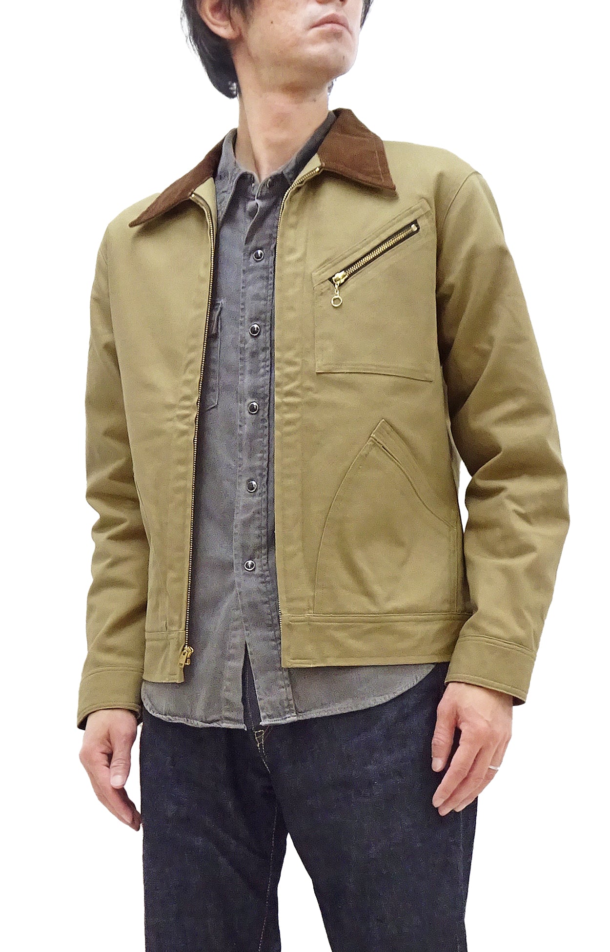 Sugar Cane Jacket Men's Front Zip Canvas Work Jacket With Padded Quilted  Lining And Corduroy Collar SC15401 133 Beige