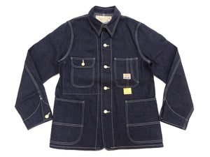 Sugar Cane Men's Vintage-Inspired Denim Work Coat, 11 oz. 100% Cotton Unlined Chore Jacket with Asymmetrical Chest Pockets, One-Wash, Made in Japan (SC15655, 421A Dark Indigo)