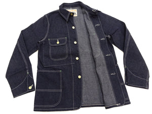 Sugar Cane Men's Vintage-Inspired Denim Work Coat, 11 oz. 100% Cotton Unlined Chore Jacket with Asymmetrical Chest Pockets, One-Wash, Made in Japan (SC15655, 421A Dark Indigo)