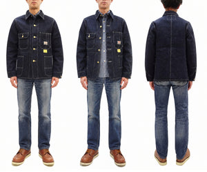 Sugar Cane Men's Vintage-Inspired Denim Work Coat, 11 oz. 100% Cotton Unlined Chore Jacket with Asymmetrical Chest Pockets, One-Wash, Made in Japan (SC15655, 421A Dark Indigo)