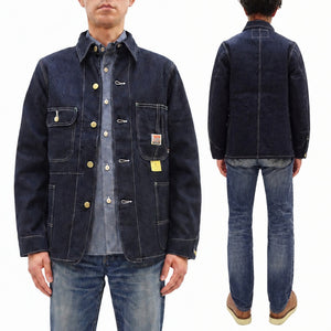 Sugar Cane Men's Vintage-Inspired Denim Work Coat, 11 oz. 100% Cotton Unlined Chore Jacket with Asymmetrical Chest Pockets, One-Wash, Made in Japan (SC15655, 421A Dark Indigo)