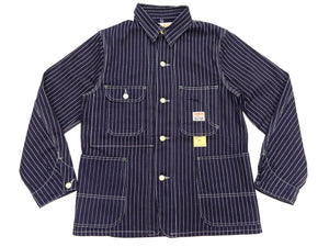 Sugar Cane Men's Vintage-Inspired 9 oz. Wabash Stripe Work Coat, 100% Cotton Indigo Fabric, Unlined Chore Jacket, Made in Japan (SC15658, Navy, 421A One-Wash)