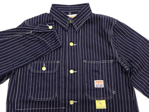 Sugar Cane Men's Vintage-Inspired 9 oz. Wabash Stripe Work Coat, 100% Cotton Indigo Fabric, Unlined Chore Jacket, Made in Japan (SC15658, Navy, 421A One-Wash)