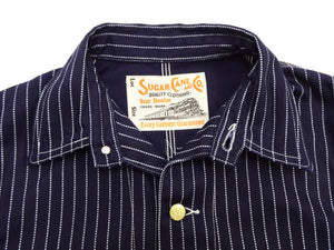 Sugar Cane Men's Vintage-Inspired 9 oz. Wabash Stripe Work Coat, 100% Cotton Indigo Fabric, Unlined Chore Jacket, Made in Japan (SC15658, Navy, 421A One-Wash)