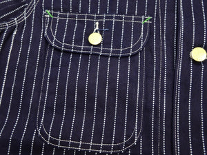 Sugar Cane Men's Vintage-Inspired 9 oz. Wabash Stripe Work Coat, 100% Cotton Indigo Fabric, Unlined Chore Jacket, Made in Japan (SC15658, Navy, 421A One-Wash)