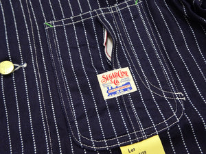 Sugar Cane Men's Vintage-Inspired 9 oz. Wabash Stripe Work Coat, 100% Cotton Indigo Fabric, Unlined Chore Jacket, Made in Japan (SC15658, Navy, 421A One-Wash)
