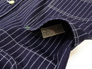Sugar Cane Men's Vintage-Inspired 9 oz. Wabash Stripe Work Coat, 100% Cotton Indigo Fabric, Unlined Chore Jacket, Made in Japan (SC15658, Navy, 421A One-Wash)